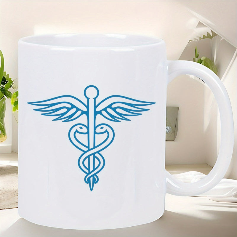 Tailorly White Ceramic 11 oz Mug - Elegant Blue Medical Symbol Featuring Entwined Snakes And Outspread Wings Caduceus