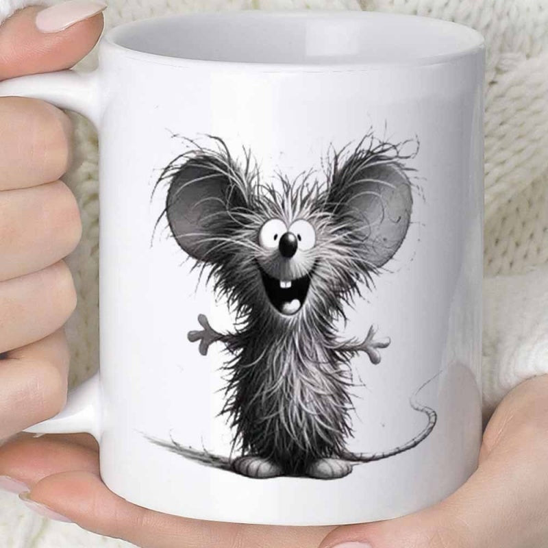 Tailorly White Ceramic 11 oz Mug - Adorable Fuzzy Little Creature With Messy Wild Hair And Large Ears Mouse