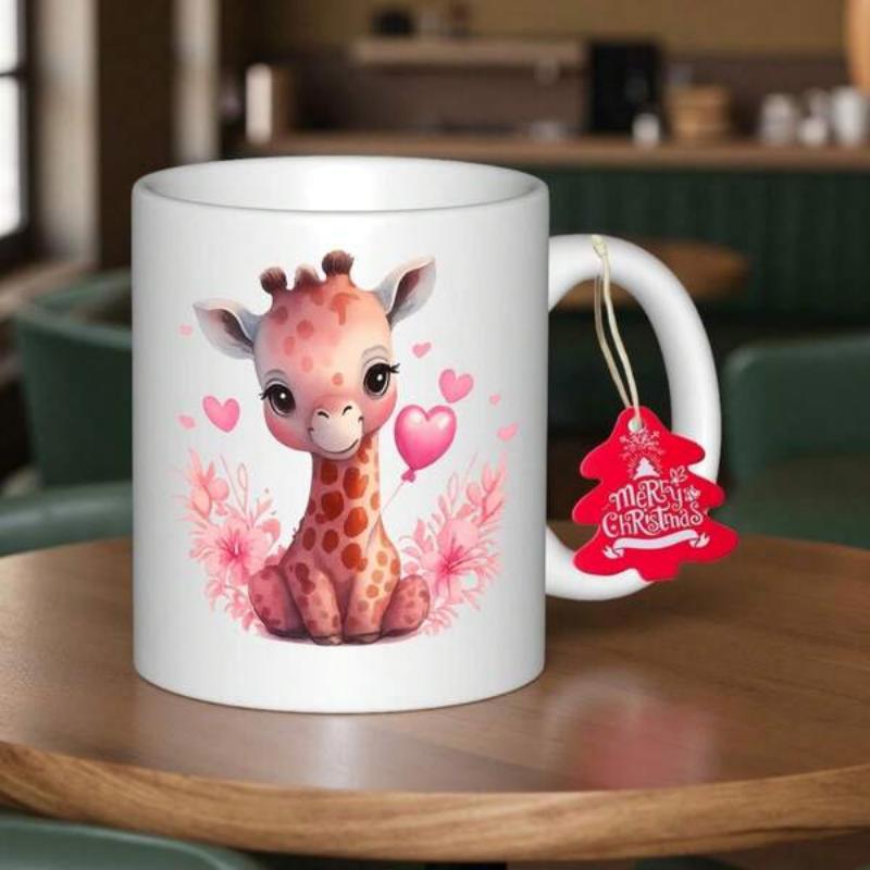 Tailorly White Ceramic 11 oz Mug - Adorable Sitting Baby Animal With Floating Pink Hearts And Soft Flowers Giraffe