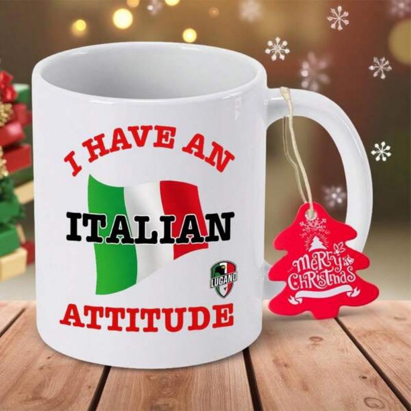 Tailorly White Ceramic 11 oz Mug - I Have An Italian Attitude Waving National Tricolor Flag With Bold Distressed Red And Black Block Letters Flag