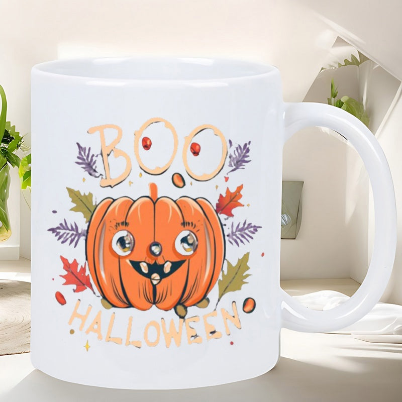 Tailorly White Ceramic 11 oz Mug - Boo Halloween Smiling Cartoon Jack O Lantern Surrounded By Vibrant Autumn Falling Leaves Pumpkin