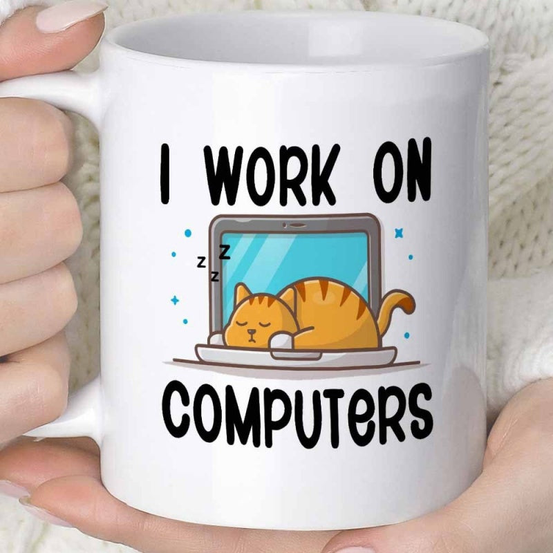Tailorly White Ceramic 11 oz Mug - I Work On Computers Ginger Sleeping Cat On A Laptop Keyboard Surrounded By Sparkles Cat