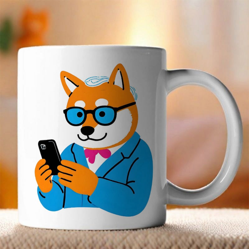 Tailorly White Ceramic 11 oz Mug - Sophisticated Cartoon Character Wearing Professional Blue Suit And Glasses Holding Smartphone Shiba