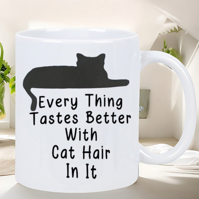 Tailorly White Ceramic 11 oz Mug - Every Thing Tastes Better With Cat Hair In It Minimalist Black Silhouette Of A Resting Feline Lying Down Flat Cat
