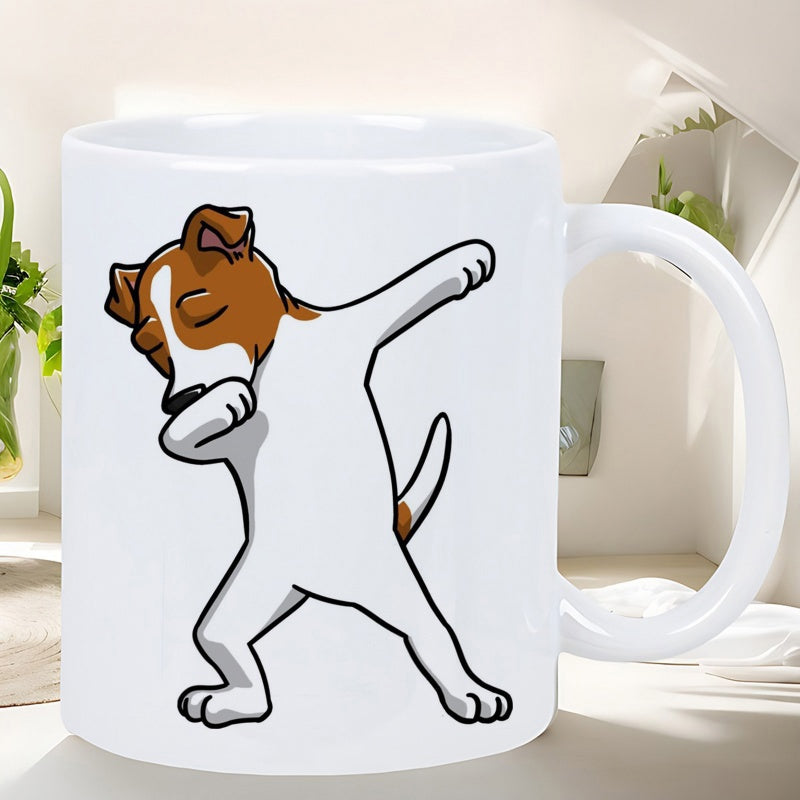 Tailorly White Ceramic 11 oz Mug - Playful Cartoon Jack Russell Terrier Performing Energetic Popular Dance Move Dog