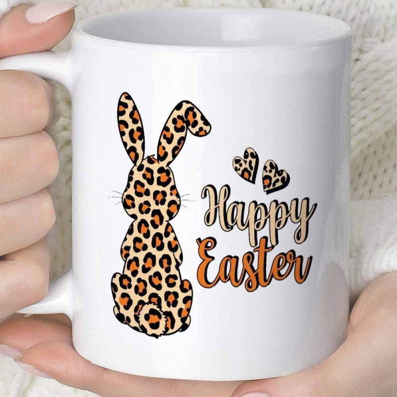 Tailorly White Ceramic 11 oz Mug - Happy Easter Artistic Leopard Print Silhouette Standing Among Small Decorative Hearts Bunny