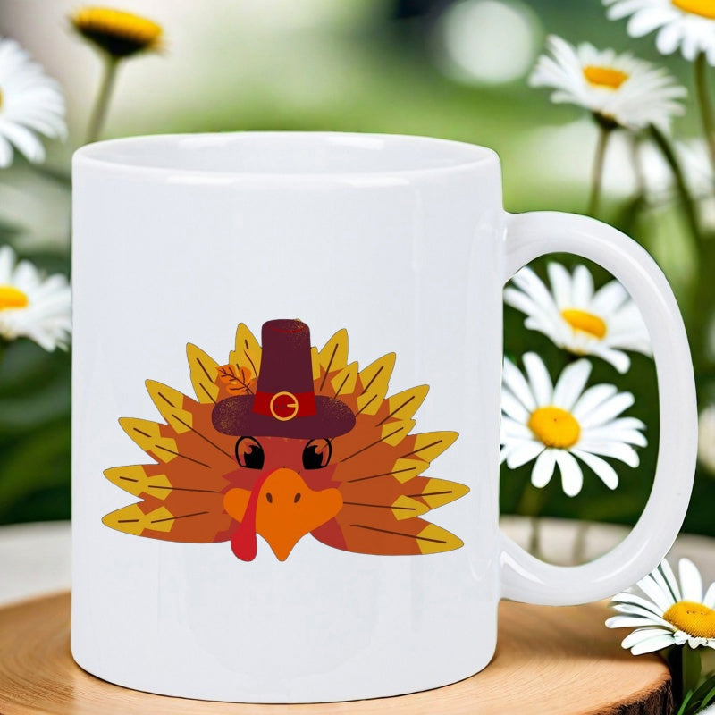 Tailorly White Ceramic 11 oz Mug - Festive Cartoon Bird Wearing A Traditional Brown Pilgrim Hat With Feathers Turkey