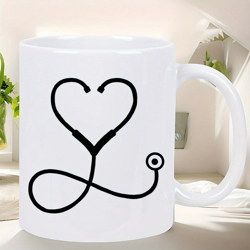 Tailorly White Ceramic 11 oz Mug - Minimalist Black Line Drawing Forming A Heart Symbol Professional Medical Stethoscope