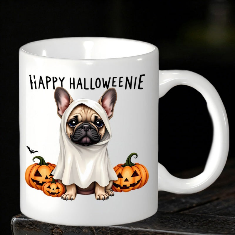 Tailorly White Ceramic 11 oz Mug - Happy Halloweenie Adorable French Bulldog Wearing Ghost Costume Sitting Among Carved Pumpkins Dog