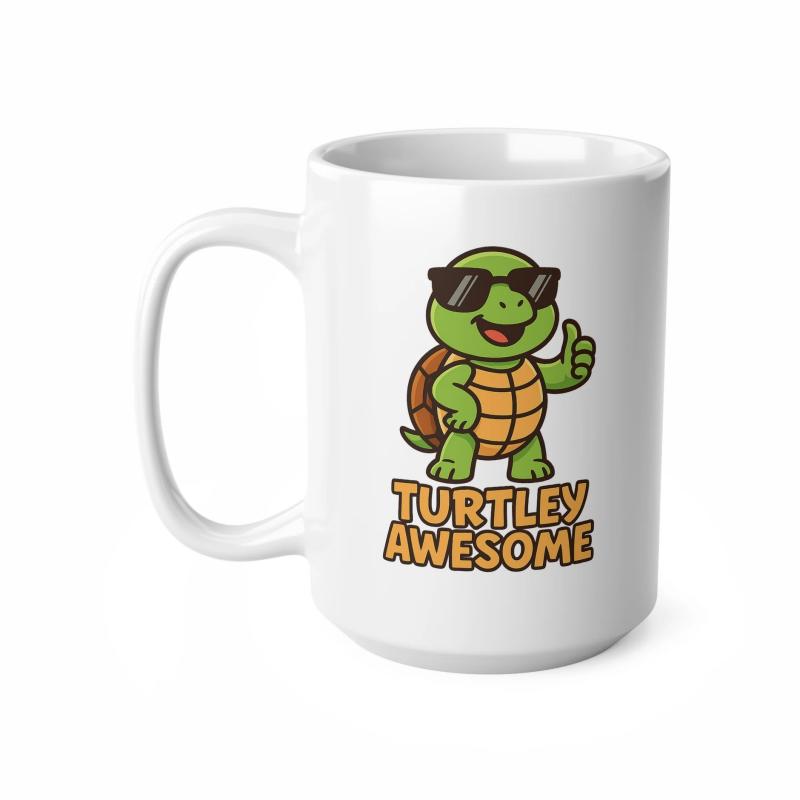 Tailorly White Ceramic 11 oz Mug - Turtley Awesome Cool Green Character Wearing Sunglasses Showing Positive Thumbs Up Turtle