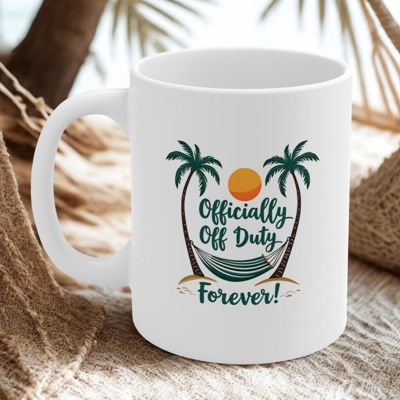 Tailorly White Ceramic 11 oz Mug - Officially Off Duty Forever Tropical Relaxation Theme With Two Palm Trees And Hanging Hammock Palm Tree