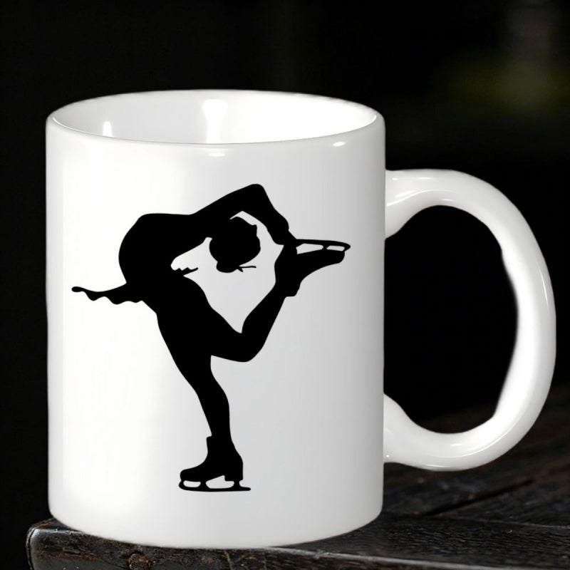 Tailorly White Ceramic 11 oz Mug - Graceful Black Silhouette Of An Ice Skater Performing An Artistic Motion Skater