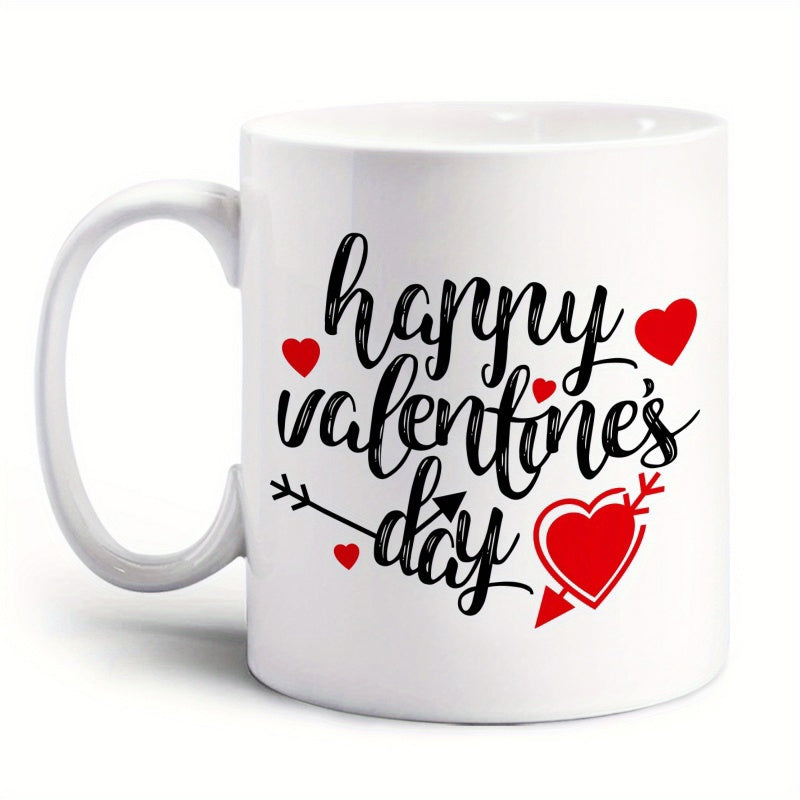 Tailorly White Ceramic 11 oz Mug - Happy Valentine's Day Elegant Black Script Surrounded By Multiple Small Red Hearts Heart