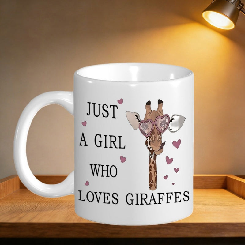 Tailorly White Ceramic 11 oz Mug - Just A Girl Who Loves Giraffes Cute Cartoon Character Wearing Heart Shaped Sunglasses Among Sweet Little Pink Hearts Giraffe