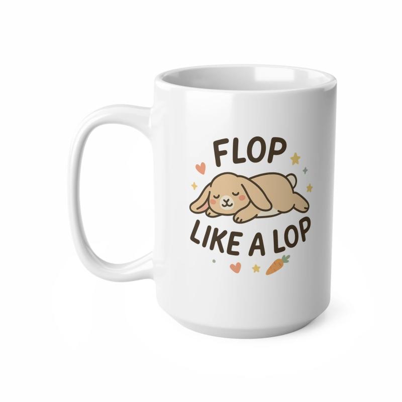 Tailorly White Ceramic 11 oz Mug - Flop Like A Lop Cute Sleeping Tan Lop Bunny Surrounded By Tiny Hearts And A Carrot Rabbit