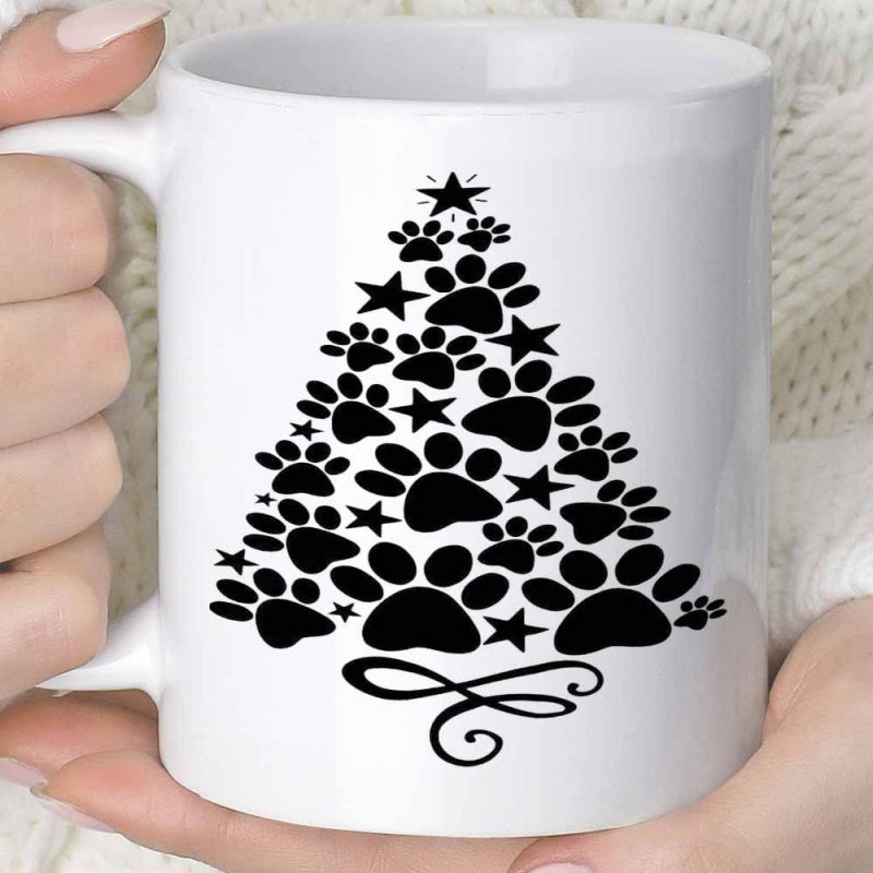 Tailorly White Ceramic 11 oz Mug - Artistic Arrangement Of Paw Prints And Twinkling Stars Forming A Holiday Christmas Tree
