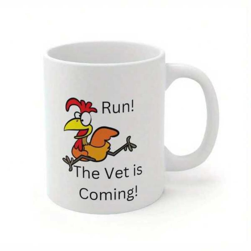 Tailorly White Ceramic 11 oz Mug - Run The Vet Is Coming Comical Panicked Cartoon Bird Running Away In Great Fear Rooster