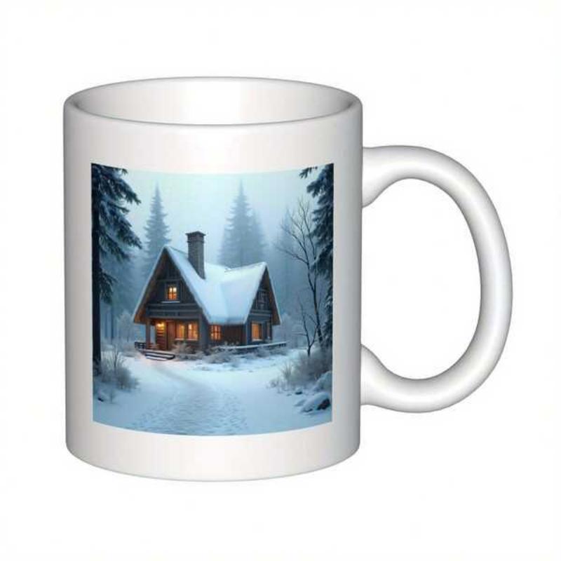 Tailorly White Ceramic 11 oz Mug - Snowy Winter Landscape With Warm Lights Glow Among Misty Pine Trees Cabin