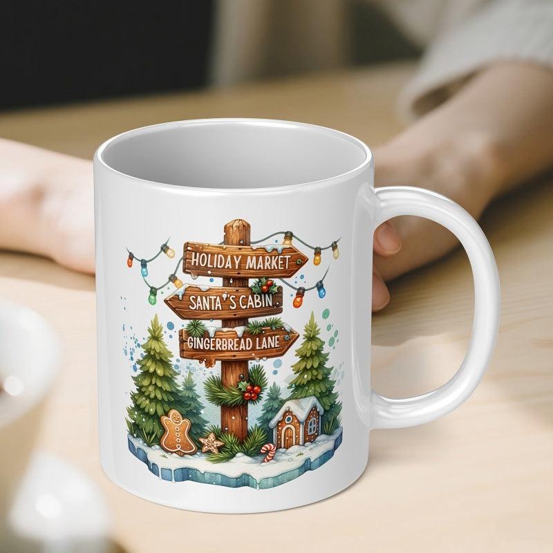 Tailorly White Ceramic 11 oz Mug - Holiday Market Santas Cabin Gingerbread Lane Festive Wooden Directional Markers Among Snowy Evergreen Winter Trees Signpost