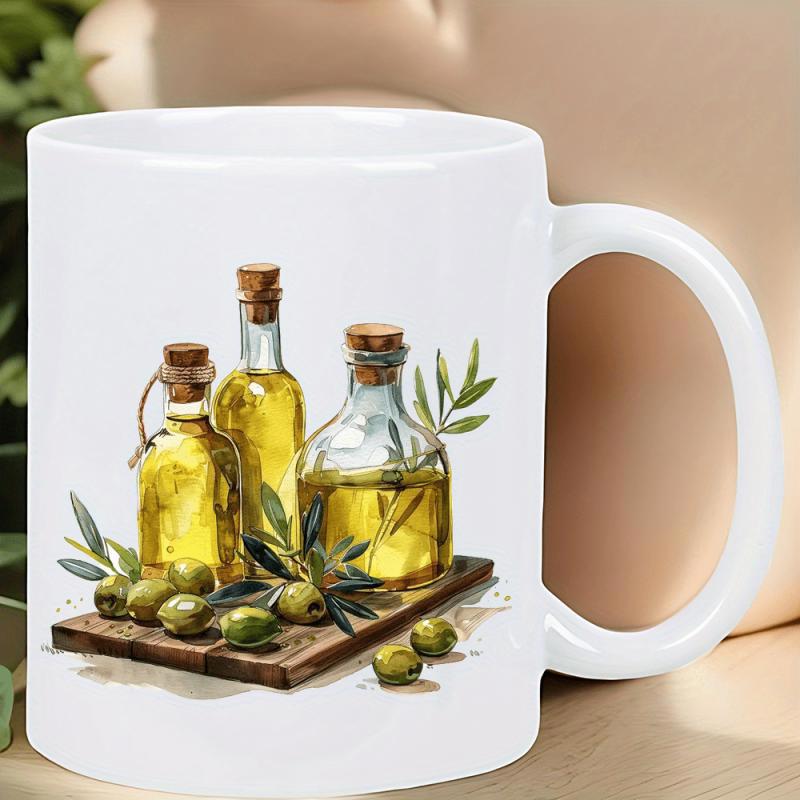 Tailorly White Ceramic 11 oz Mug - Golden Mediterranean Olive Oil Bottles Resting On Rustic Wood With Fresh Olives Bottle