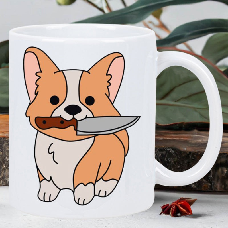 Tailorly White Ceramic 11 oz Mug - Adorable Cartoon Pembroke Welsh Corgi Holding A Sharp Kitchen Knife Corgi