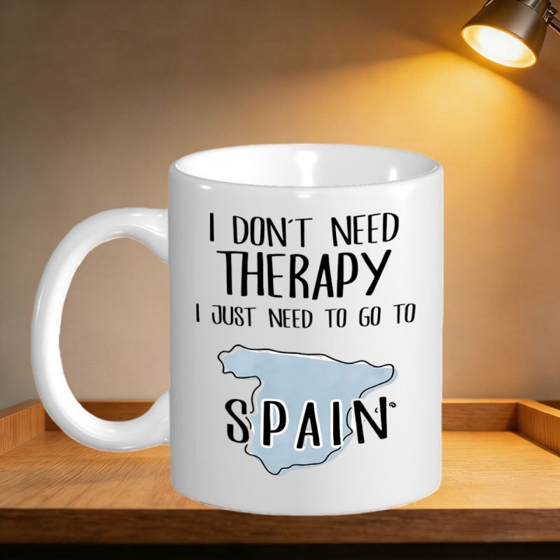 Tailorly White Ceramic 11 oz Mug - I Don't Need Therapy I Just Need To Go To Spain Minimalist Light Blue Silhouette Outline Geographic Map