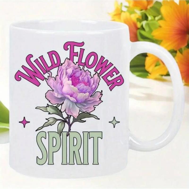 Tailorly White Ceramic 11 oz Mug - Wild Flower Spirit Beautiful Blooming Purple Peony With Green Leaves Among Twinkling Sparkles Flower