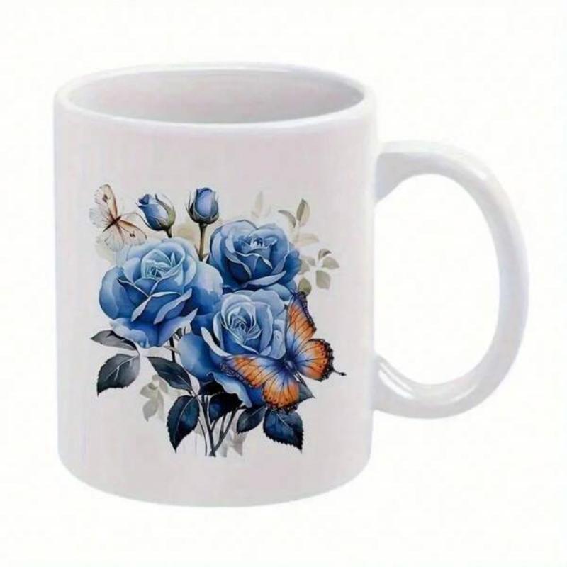 Tailorly White Ceramic 11 oz Mug - Elegant Blooming Blue Roses With A Fluttering Orange Butterfly Among Leaves Flower