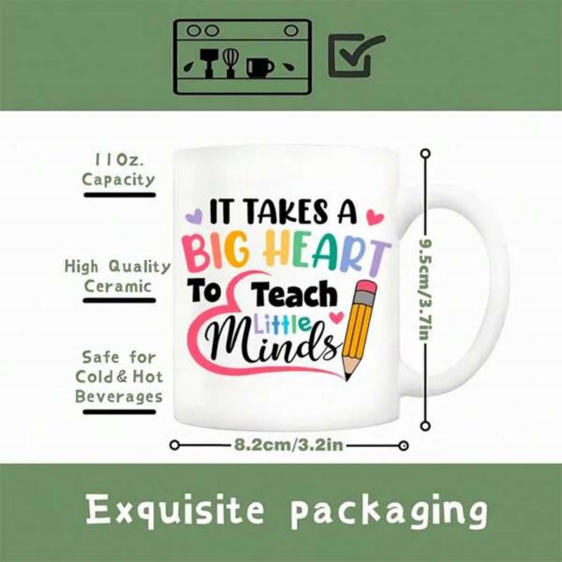 Tailorly White Ceramic 11 oz Mug - It Takes A Big Heart To Teach Little Minds Colorful Hearts And A Sharp Pencil Surrounded By Playful Artistic Lettering Heart