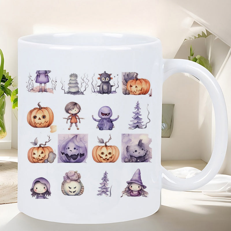Tailorly White Ceramic 11 oz Mug - Watercolor Halloween Icons Featuring Cute Witches Ghosts And Spooky Jack O Lanterns Pumpkin