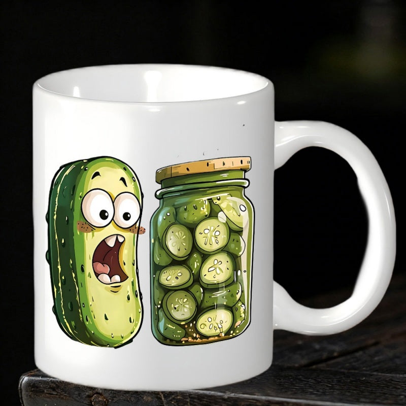Tailorly White Ceramic 11 oz Mug - Shocked Cartoon Green Cucumber Standing Beside A Glass Jar Of Pickles Pickle