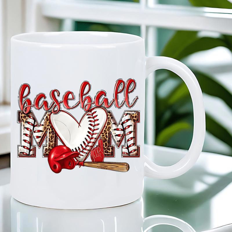 Tailorly White Ceramic 11 oz Mug - Baseball Mom Decorative Leopard Pattern With Red Helmet And Stitched Heart Baseball