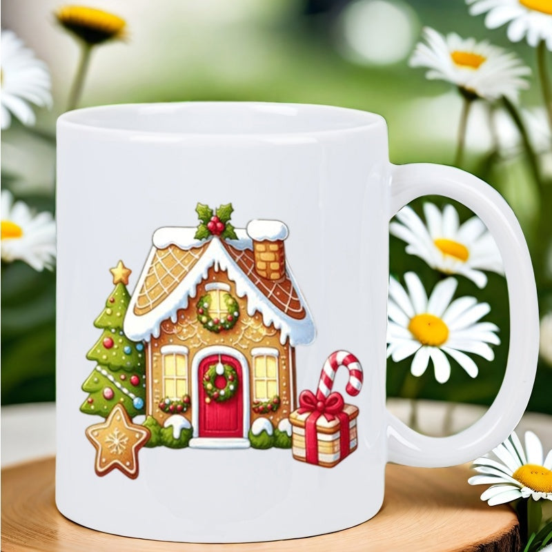 Tailorly White Ceramic 11 oz Mug - Snowy Gingerbread Cottage Adorned With Festive Holiday Wreaths And Sweet Candy House