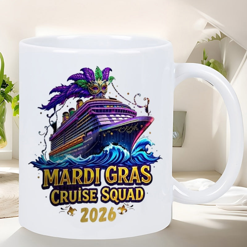 Tailorly White Ceramic 11 oz Mug - Mardi Gras Cruise Squad 2026 Vibrant Masquerade Mask With Purple Feathers Over Deep Blue Waves Cruise Ship