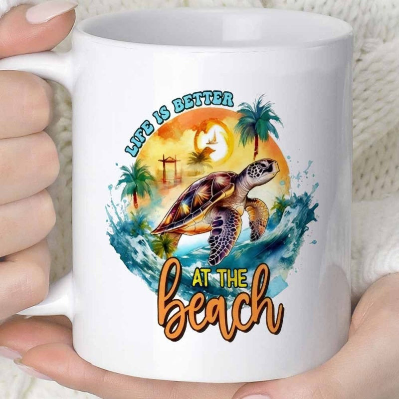 Tailorly White Ceramic 11 oz Mug - Life Is Better At The Beach Tropical Sea Turtle Swimming Through Blue Ocean Waves Under Golden Sunset Turtle