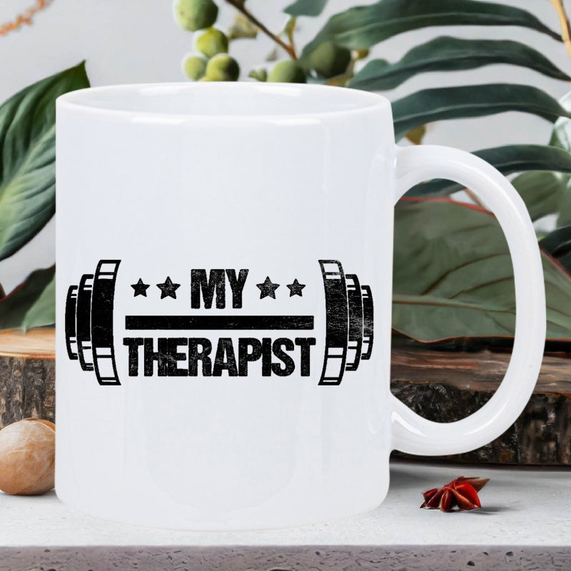 Tailorly White Ceramic 11 oz Mug - My Therapist Heavy Industrial Steel Gym Equipment With Stars And Textured Weightlifting Barbell