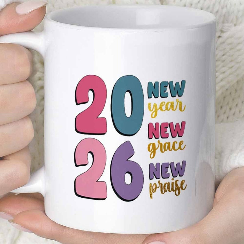 Tailorly White Ceramic 11 oz Mug - New Year New Grace New Praise 2026 Vibrant Colorful Large Stylized Numbers Arranged On A Glossy