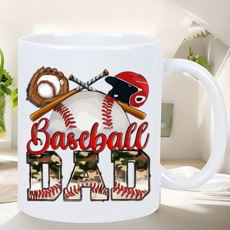 Tailorly White Ceramic 11 oz Mug - Baseball Dad Crossed Bats With Helmet And Glove On Camouflage Themed Baseball