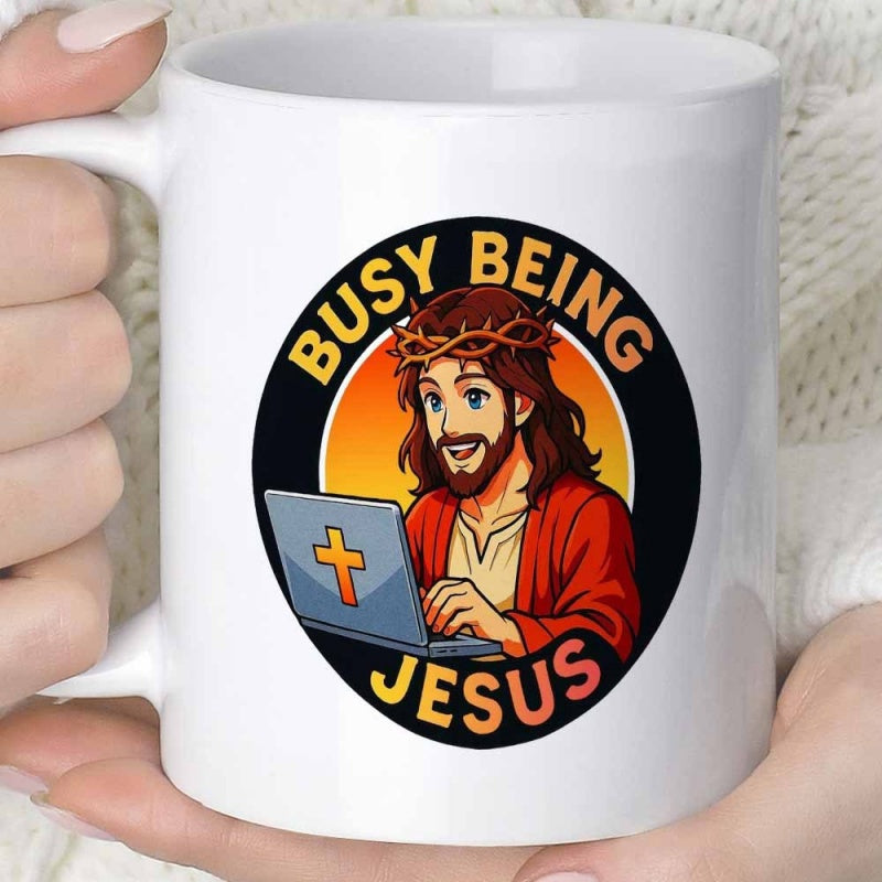 Tailorly White Ceramic 11 oz Mug - Busy Being Jesus Cartoon Style Religious Figure In Red Robe Using Modern Laptop Jesus