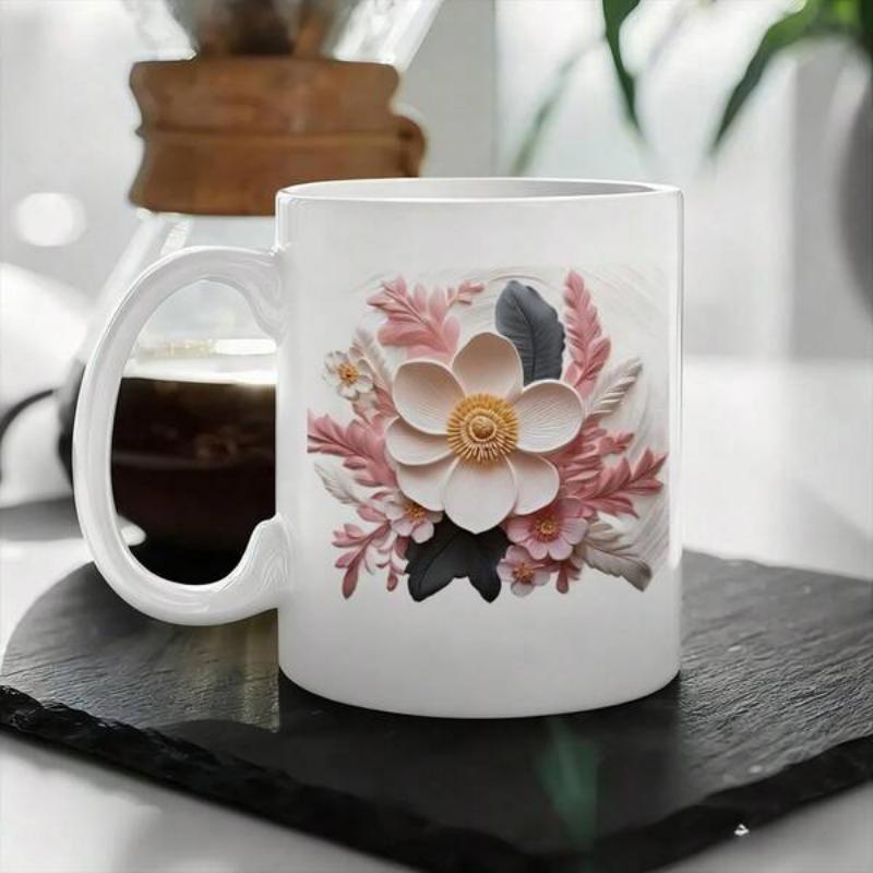 Tailorly White Ceramic 11 oz Mug - Elegant White Petals Surrounded By Soft Pink Leaves And Delicate Branches Flower