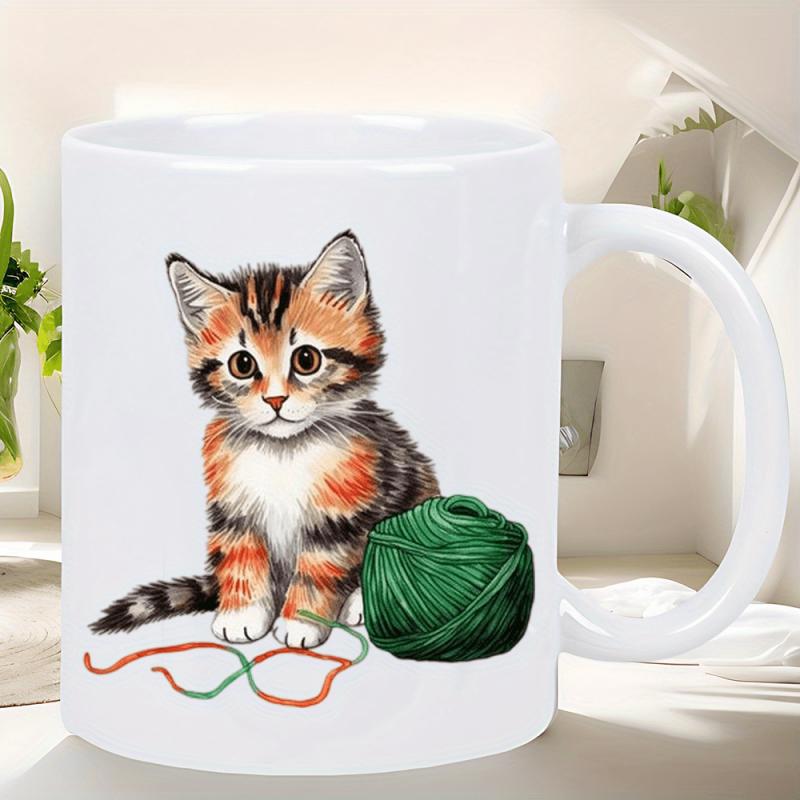 Tailorly White Ceramic 11 oz Mug - Adorable Fluffy Tabby Animal Sitting Peacefully Beside A Green Yarn Ball Kitten