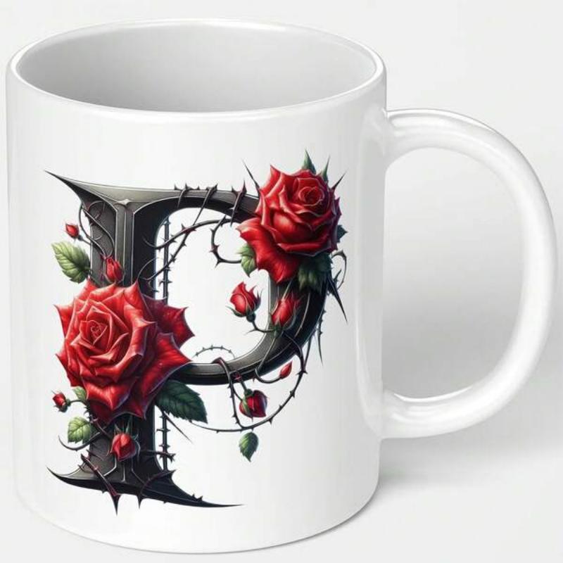 Tailorly White Ceramic 11 oz Mug - Gothic Style With Red Roses And Thorny Vines Entwined Letter P