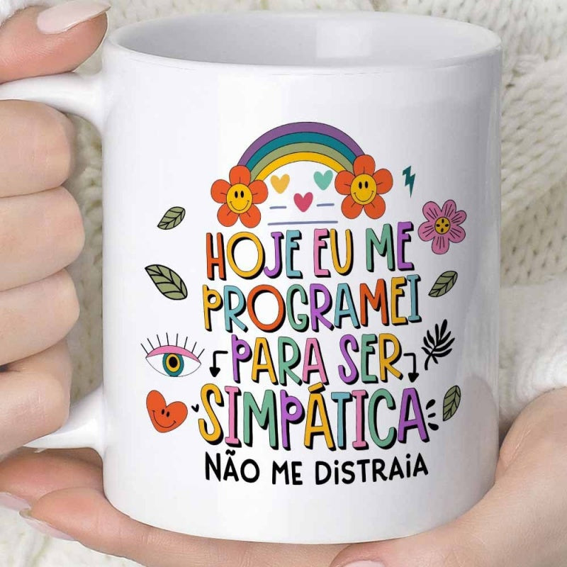 Tailorly White Ceramic 11 oz Mug - Vibrant Colorful Retro Style With Smiling Flowers And Playful Hearts Rainbow
