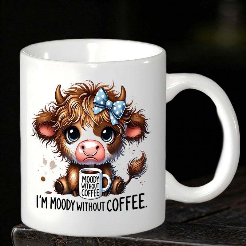 Tailorly White Ceramic 11 oz Mug - Im Moody Without Coffee Cuddly Fluffy Highland Cow Wearing A Blue Polka Dot Ribbon Bow Cow