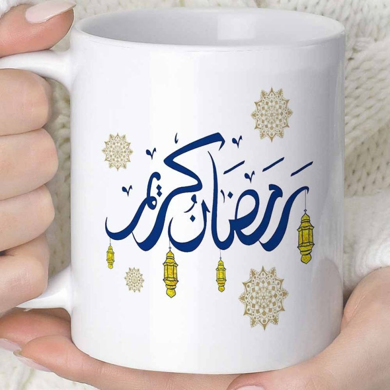 Tailorly White Ceramic 11 oz Mug - Intricate Golden Mandalas Floating Beside Traditional Hanging Arabic Lamps Lantern