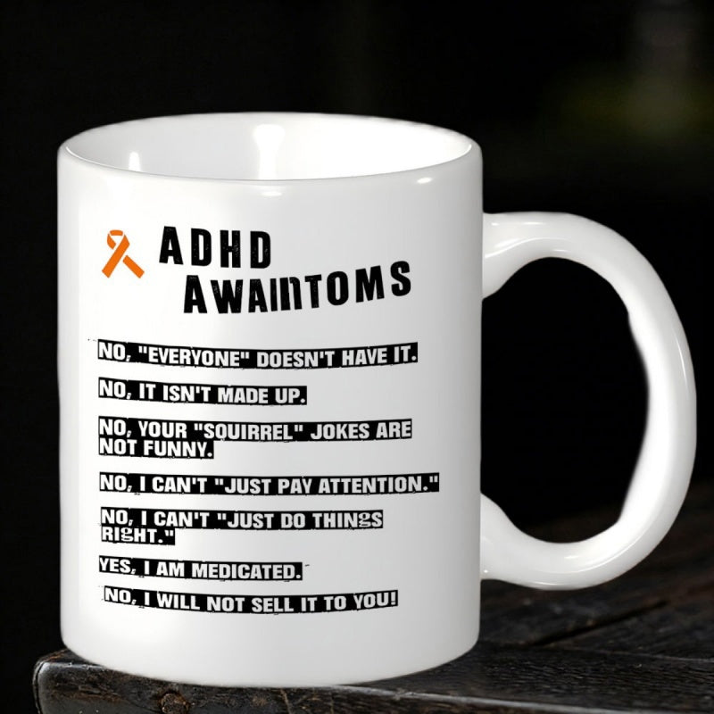 Tailorly White Ceramic 11 oz Mug - Adhd Awareness Minimalist White Ceramic With Bold Black Motivational Text And Awareness Ribbon Mug