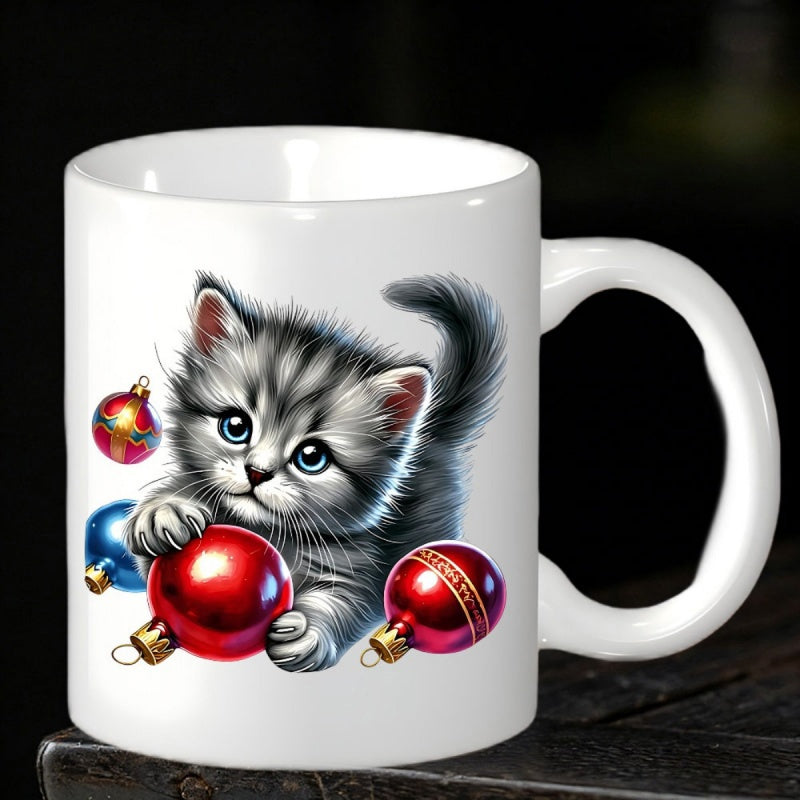 Tailorly White Ceramic 11 oz Mug - Fluffy Grey Kitten Playing With Colorful Festive Christmas Bauble Ornaments In Holiday Style Kitten