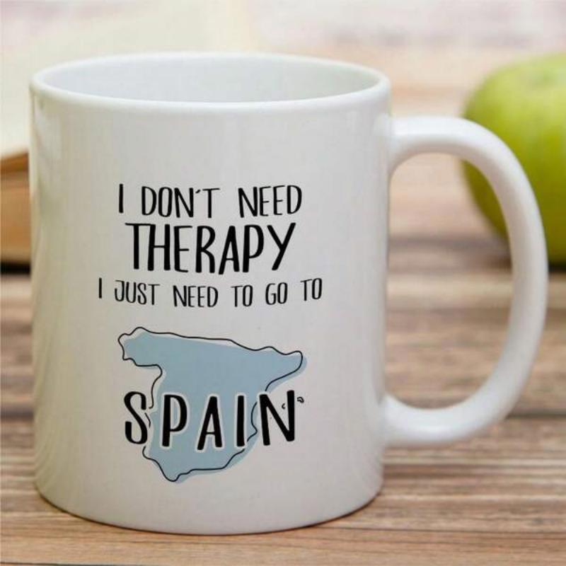 Tailorly White Ceramic 11 oz Mug - I Don't Need Therapy I Just Need To Go To Spain Minimalist Geographic Country Outline Silhouette In Solid Blue Map