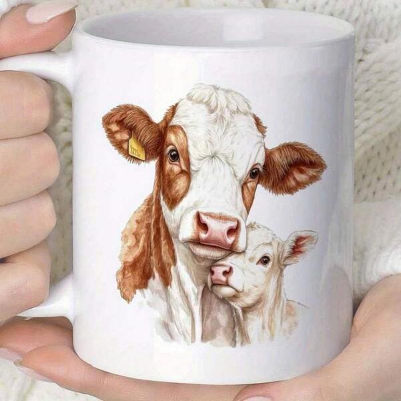 Tailorly White Ceramic 11 oz Mug - Graceful Watercolor Illustration Of A Mother Cow And Her Calf Cow
