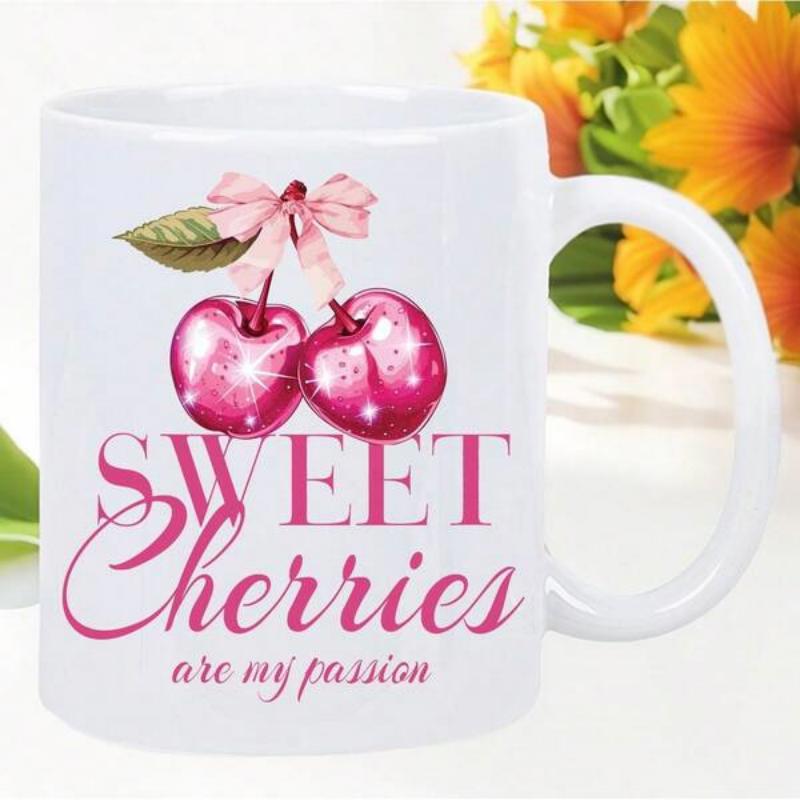 Tailorly White Ceramic 11 oz Mug - Sweet Cherries Are My Passion Vibrant Pink Fruit With Delicate Ribbon And Green Leaf Cherry